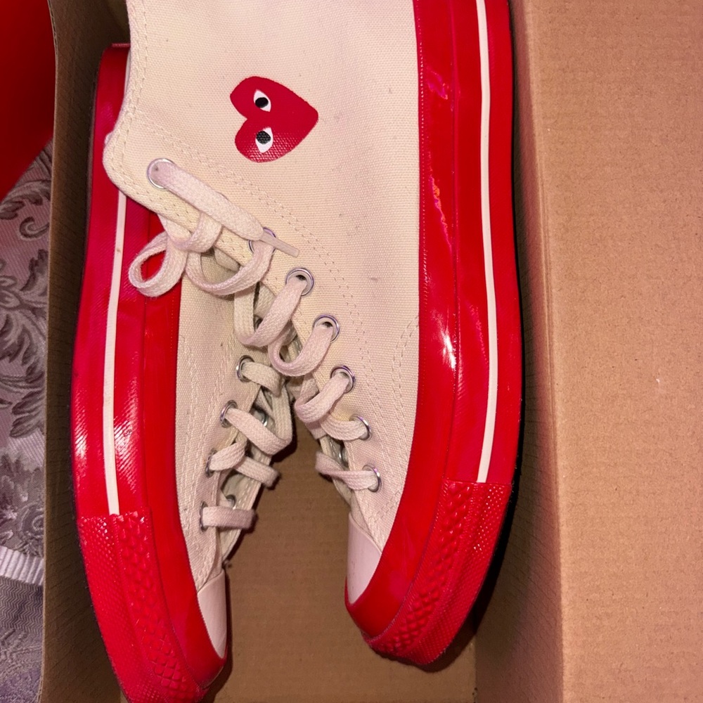 Comme des Garcons Red and Cream High-Top Sneakers